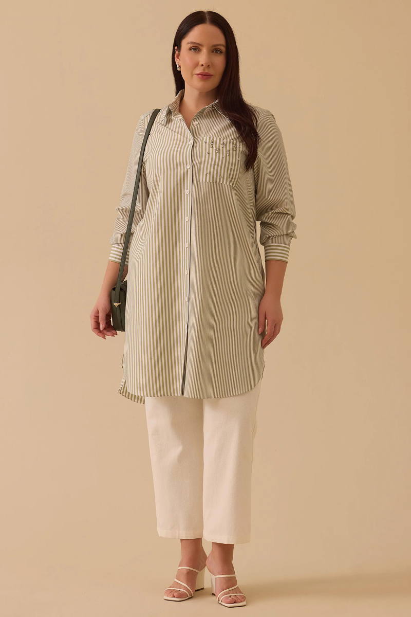 Galaxi Kadın Büyük Beden Çizgili Cep Detaylı Tunik 4014 Yeşil Yeşil