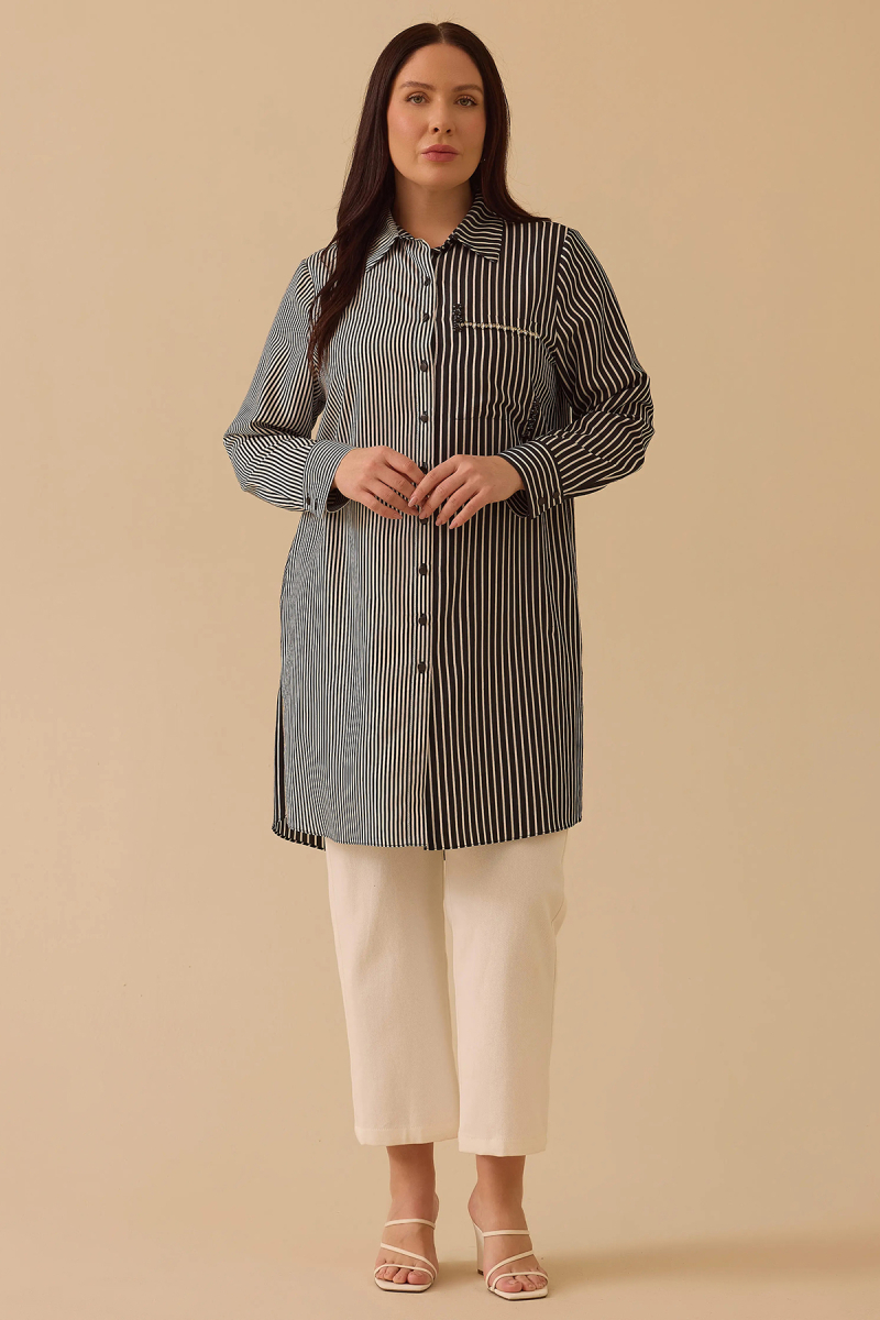 Galaxi Kadın Büyük Beden Çizgili Taş Detaylı Tunik 4003 Siyah Siyah