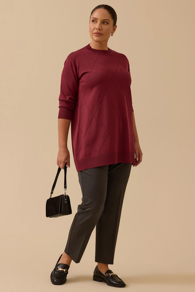 Galaxi Kadın Büyük Beden Desenli Basic Triko Tunik 4008 Bordo Bordo