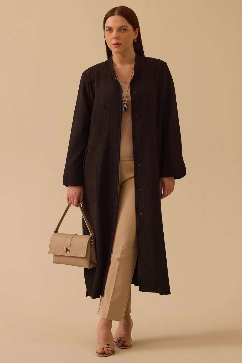 Galaxi Kadın Büyük Beden Desenli Cepli Pardesü 4001 Siyah Siyah