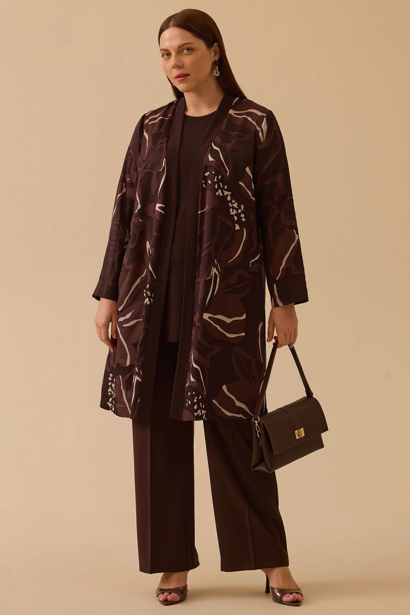 Galaxi Kadın Büyük Beden Desenli Hırkalı Takım 4002 Kahverengi Kahverengi