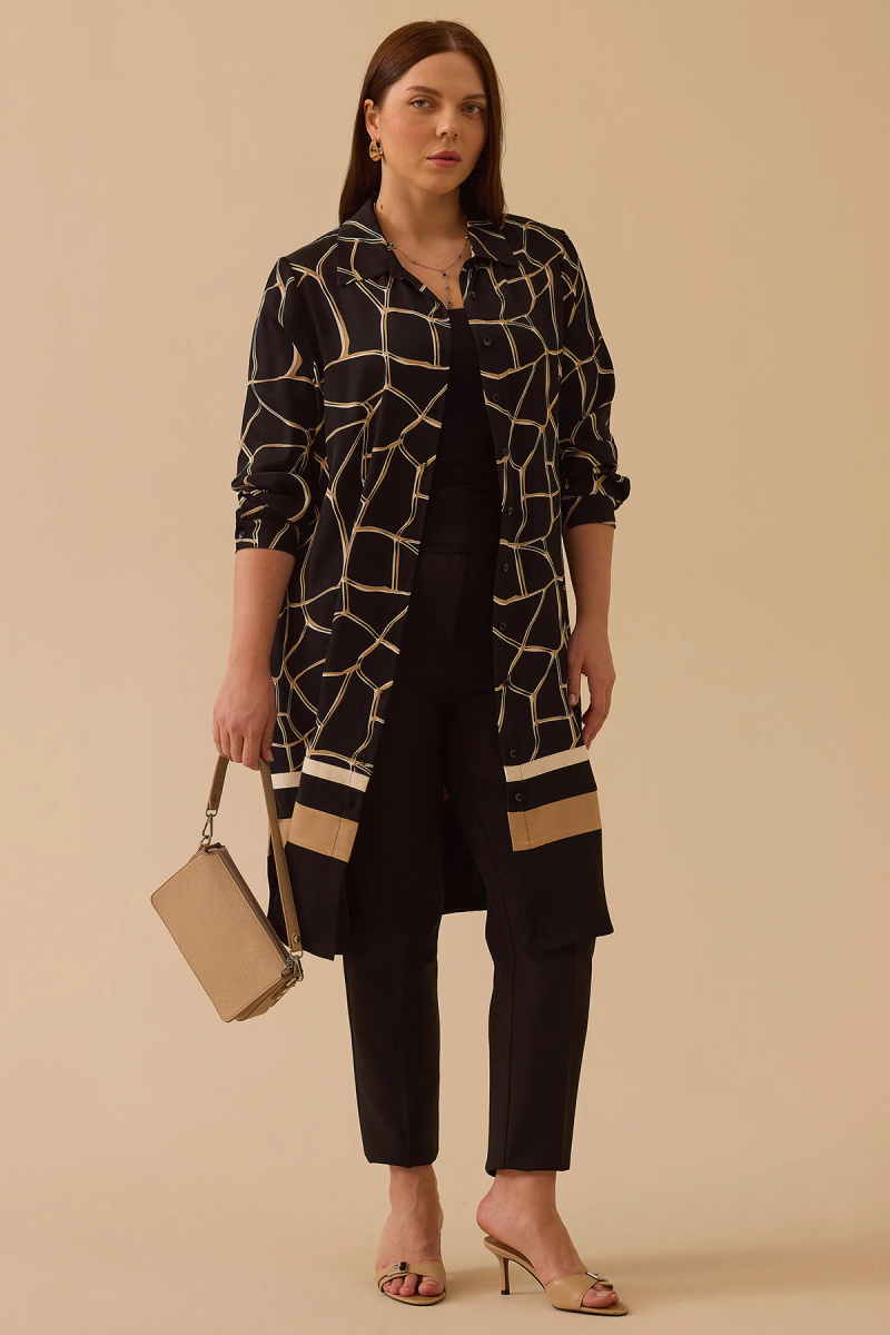 Galaxi Kadın Büyük Beden Desenli Uzun Kollu Tunik 4001 Siyah Siyah