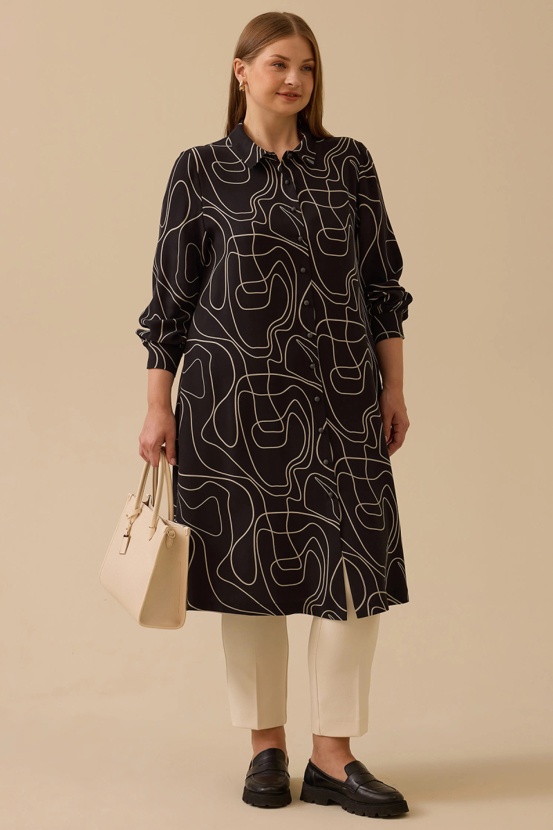 Galaxi Kadın Büyük Beden Desenli Uzun Tunik 4006 Siyah Siyah