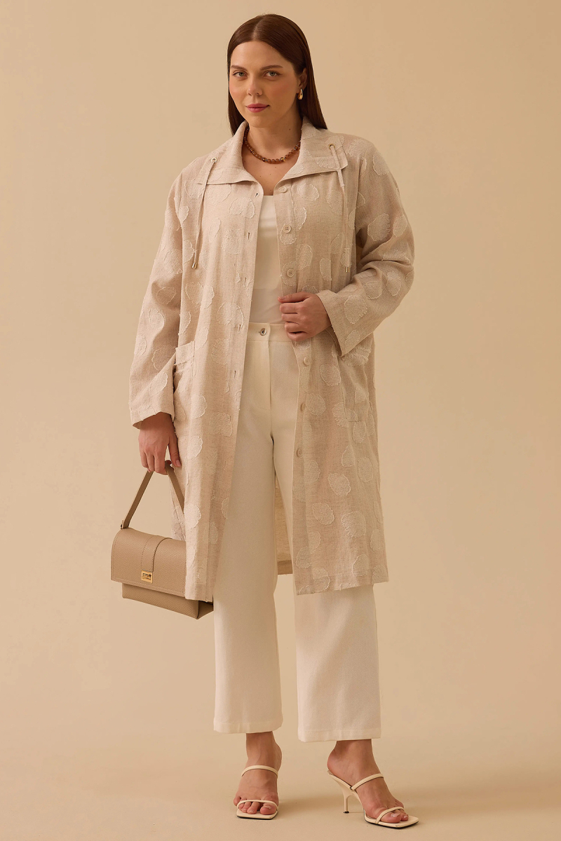 Galaxi Kadın Büyük Beden Devrik Yaka Keten Kap 4009 Bej Bej