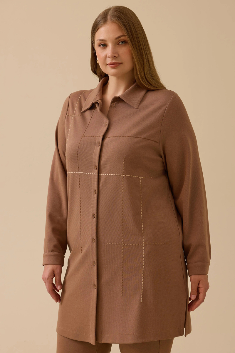 Galaxi Kadın Büyük Beden Dikiş Desenli Tunik 4013 Camel Camel