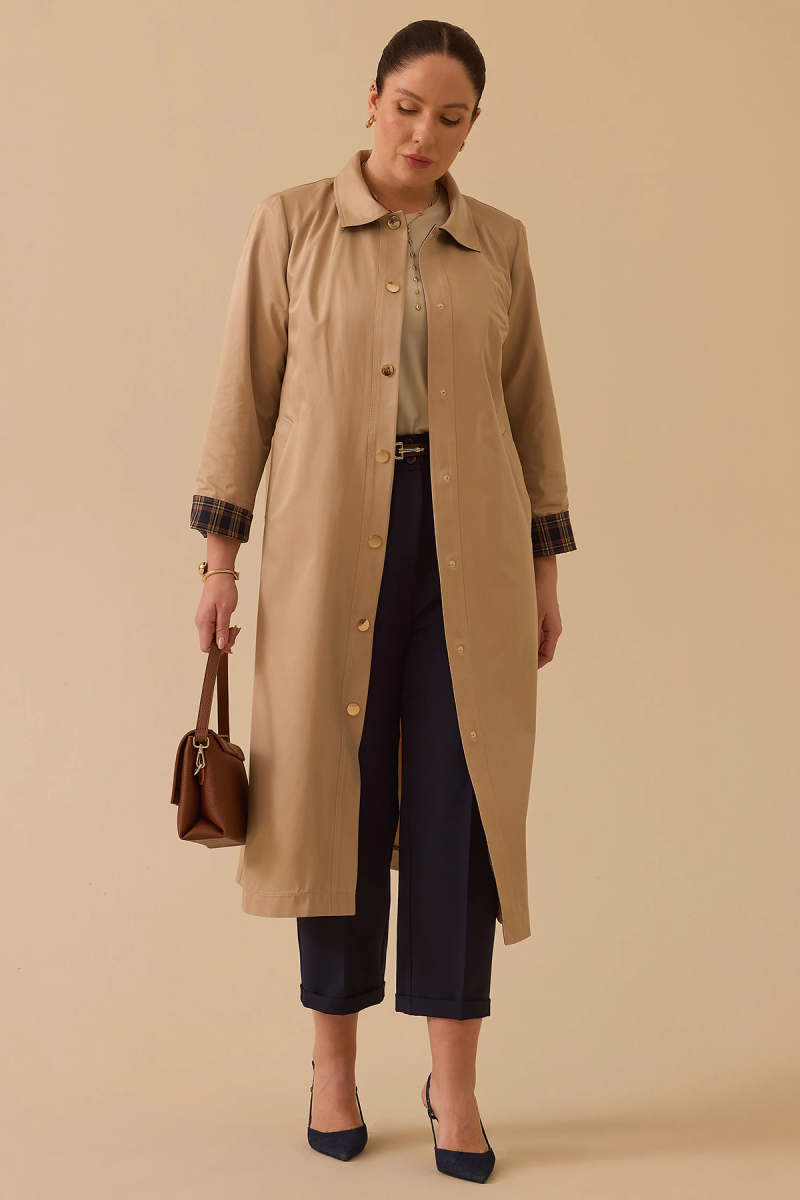 Galaxi Kadın Büyük Beden Ekose Desen Detaylı Trençkot 4002 Bej Bej