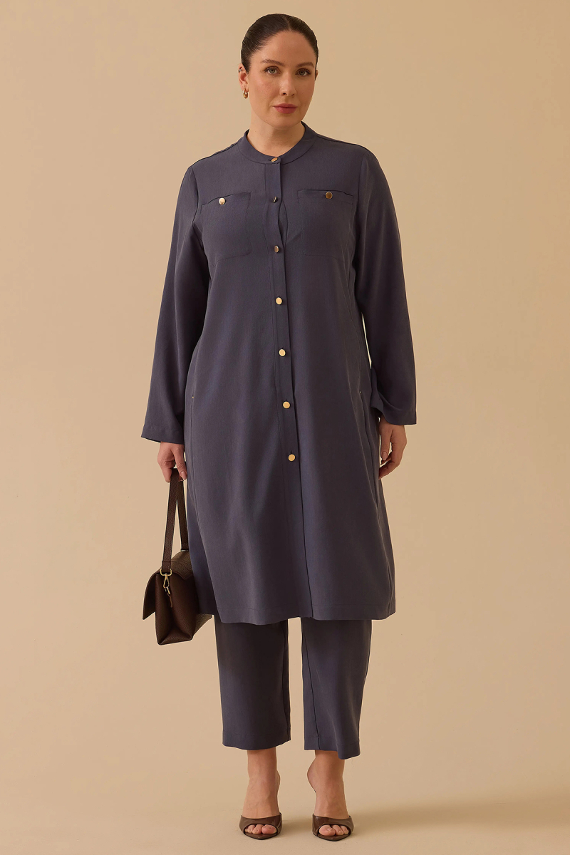 Galaxi Kadın Büyük Beden Hakim Yaka Uzun Kap 4003 Indigo Indigo