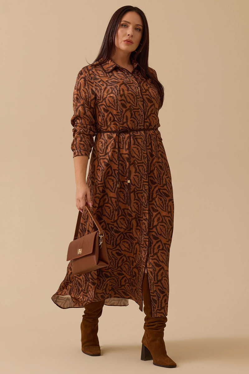 Galaxi Kadın Büyük Beden Kuşaklı Desenli Elbise 4011 Kahverengi Kahverengi