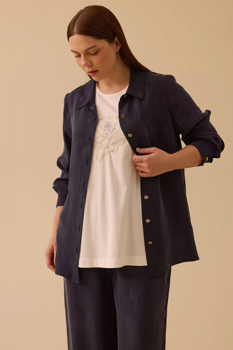 Galaxi Kadın Büyük Beden Lyocell Karışımlı Parlak Dokulu Gömlek 4015 Lacivert Lacivert