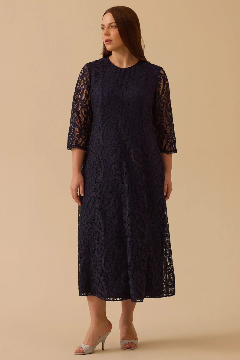 Galaxi Kadın Büyük Beden Midi Dantel Elbise 4003 Lacivert Lacivert