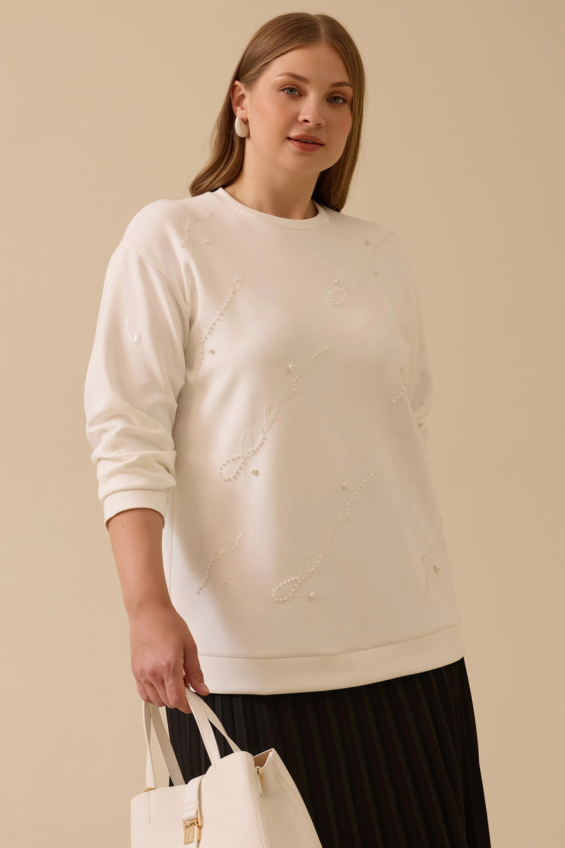 Galaxi Kadın Büyük Beden Nakış Detaylı Boncuklu Sweatshirt 4005 Ekru Ekru