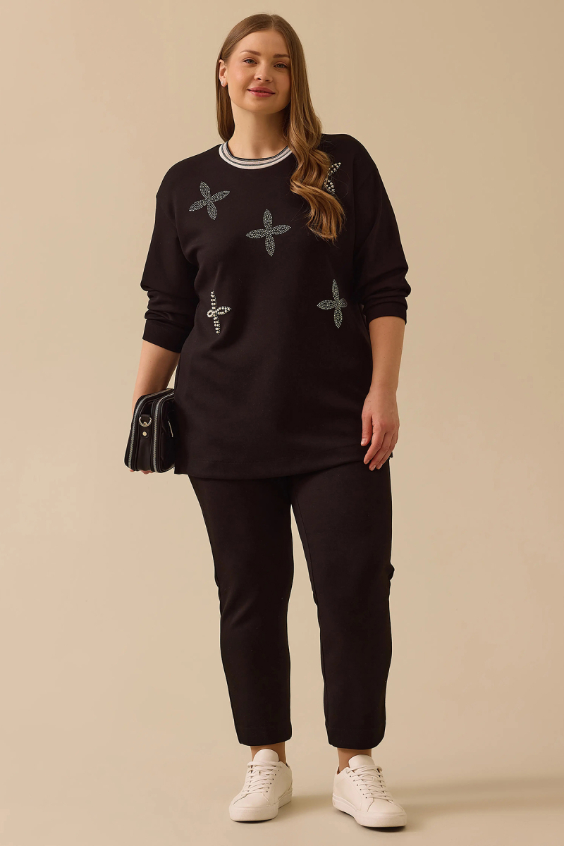 Galaxi Kadın Büyük Beden Taş Detaylı Sweatshirt 4002 Siyah Siyah