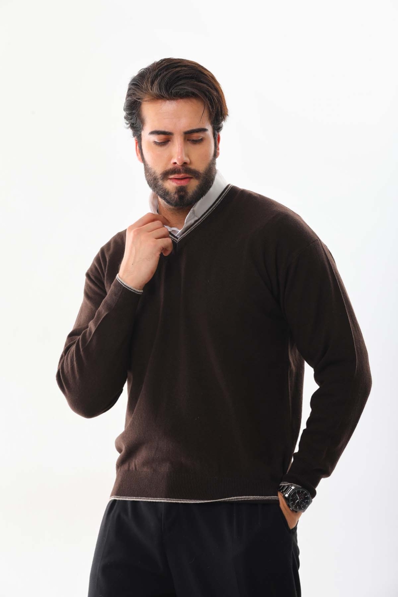 Günay Erkek V Yaka Yün Kazak 8000 Kahverengi Kahverengi