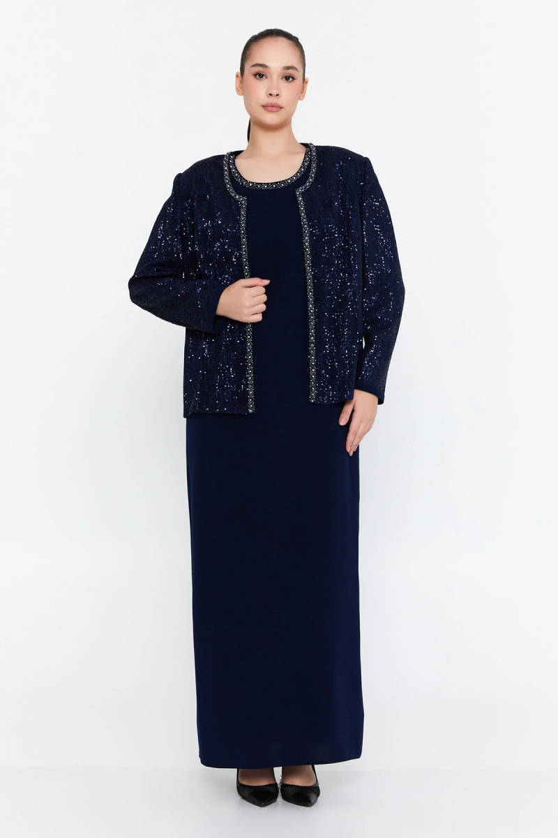 Güzelyalı Kadın Büyük Beden Taş İşlemeli İki Parça Abiye Takım 1043 Lacivert Lacivert