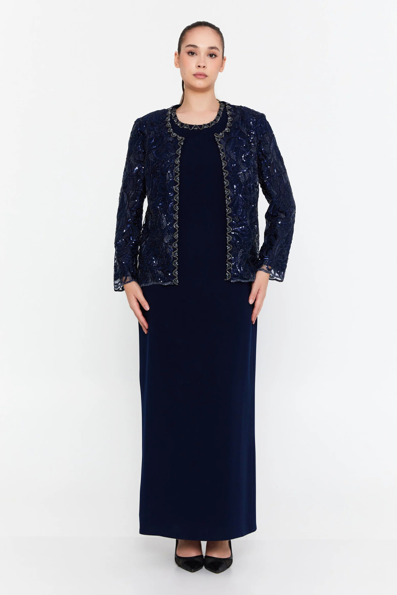 Güzelyalı Kadın Büyük Beden Taş İşlemeli Uzun Abiye Takım 1047 Lacivert Lacivert