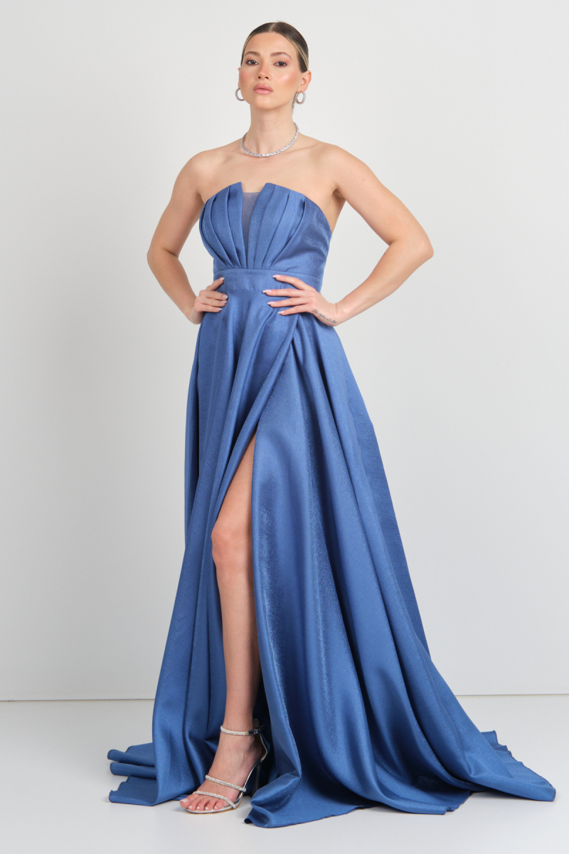 Hvit Vera Kadın Straplez Sırttan Çapraz Bağlamalı Maxi Boy Abiye Elbise 5703 Indigo Indigo
