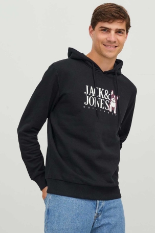 Jack & Jones Erkek Beware Baskılı Kapüşonlu Sweatshirt 12244219 Siyah Siyah