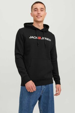Jack & Jones Erkek Jjecorp Baskılı Kapüşonlu Sweatshirt 12137054 Siyah Siyah