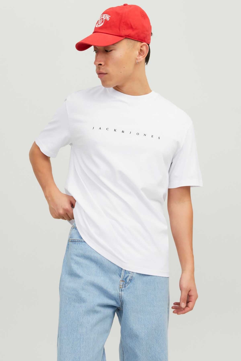 Jack & Jones Erkek Jjestar Bisiklet Yaka Baskılı T-Shirt 12234746 Beyaz Beyaz