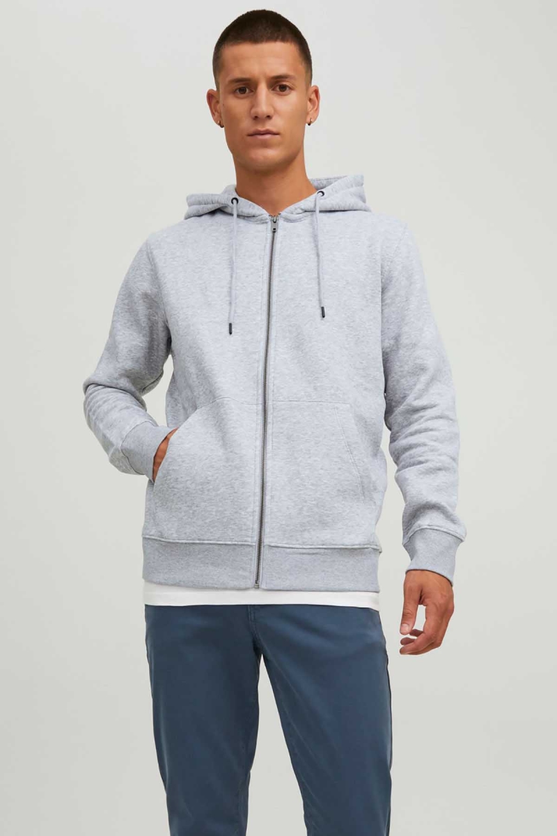 Jack & Jones Erkek Jjestar Çift Cepli Fermuar Kapamalı Kapüşonlu Sweatshirt 12210830 Açık Gri Açık Gri