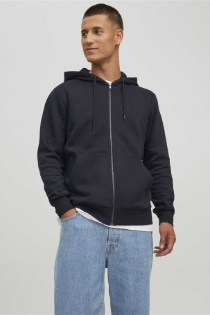 Jack & Jones Erkek Jjestar Çift Cepli Fermuar Kapamalı Kapüşonlu Sweatshirt 12210830 Siyah Siyah