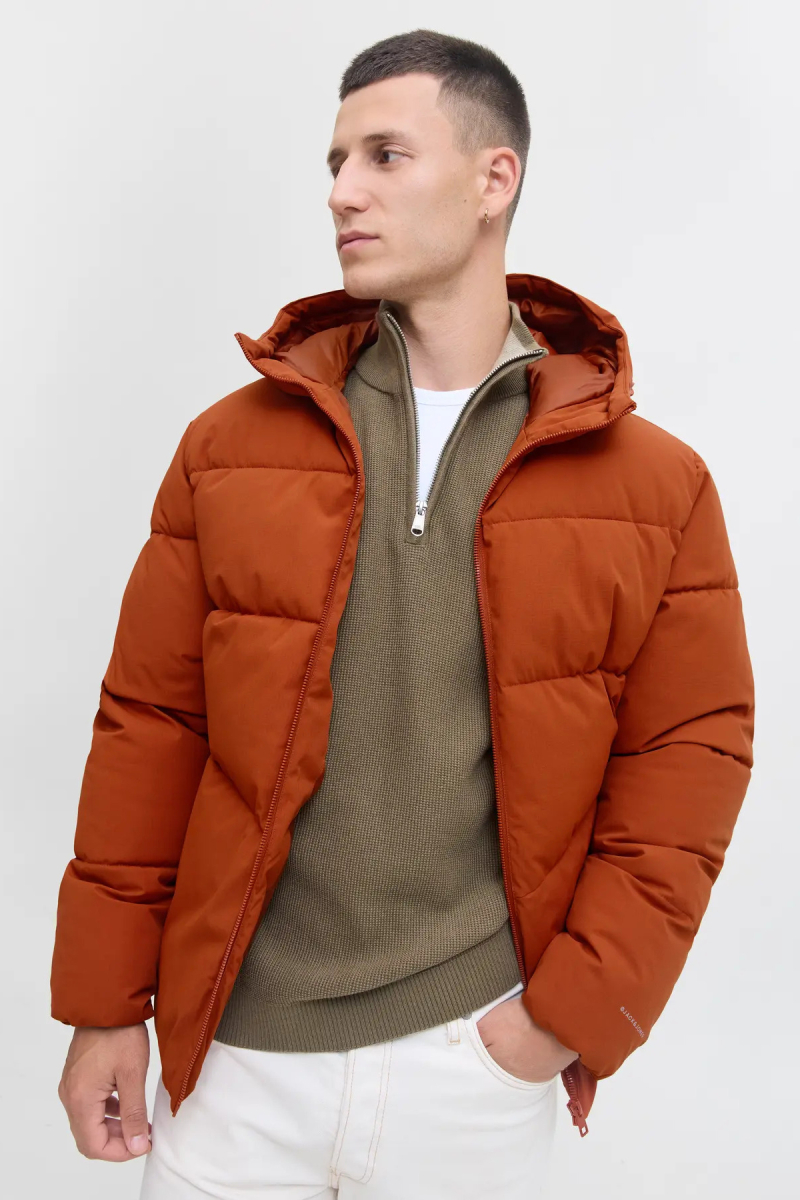 Jack & Jones Erkek Jjglobal Kapüşonlu Şişme Mont 12283517 Kiremit Kiremit
