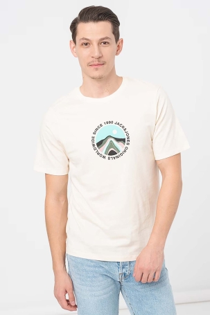 Jack & Jones Erkek Jorlafayette Baskı Detaylı Bisiklet Yaka %100 Pamuk T-Shirt 12255640 Bej Bej
