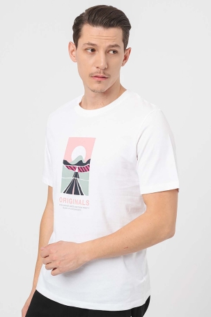 Jack & Jones Erkek Jorlafayette Baskı Detaylı Bisiklet Yaka %100 Pamuk T-Shirt 12255640 Beyaz Beyaz
