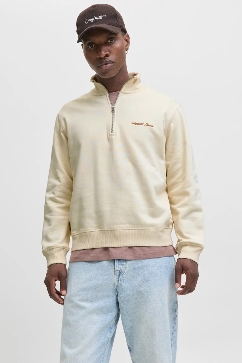 Jack & Jones Erkek Jornorrebro Yarım Fermuarlı Dik Yaka Sweatshirt 12282899 Ekru Ekru
