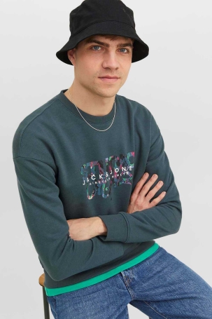 Jack & Jones Erkek Jorsılverlake Bisiklet Yaka Sweatshirt 12242366 Koyu Yeşil Koyu Yeşil