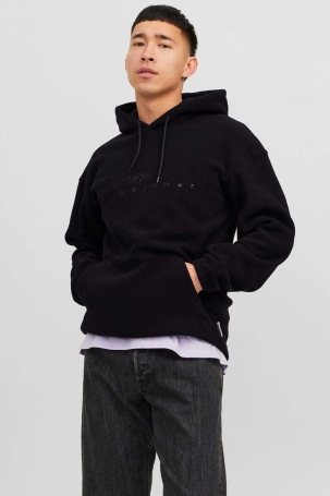 Jack & Jones Erkek Jorsılverlake Kapüşonlu Polar Sweatshirt 12242470 Siyah Siyah
