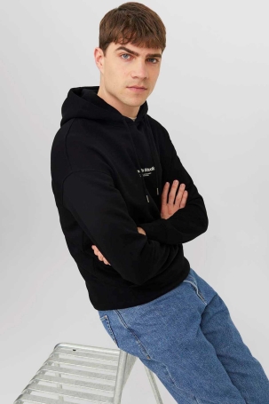 Jack & Jones Erkek Jorvesterbro Kapüşonlu Rahat Kesim Sweatshirt 12241687 Siyah Siyah