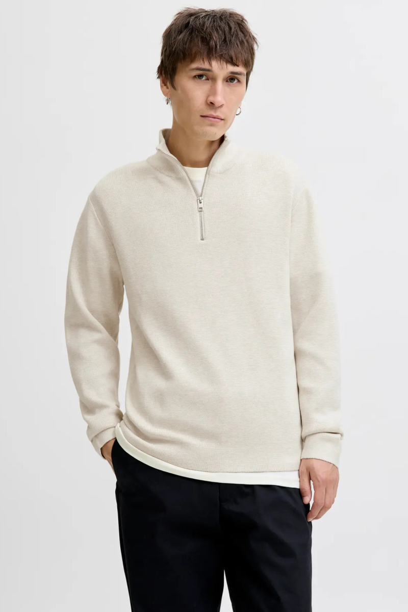Jack & Jones Erkek Jprmılano Yarım Fermuarlı %100 Pamuk Örme Kazak 12259664 Krem Krem