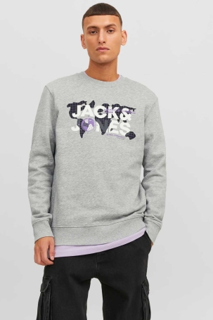 Jack & Jones Erkek Printed Bisiklet Yaka Sweatshirt 12240211 Açık Gri Açık Gri