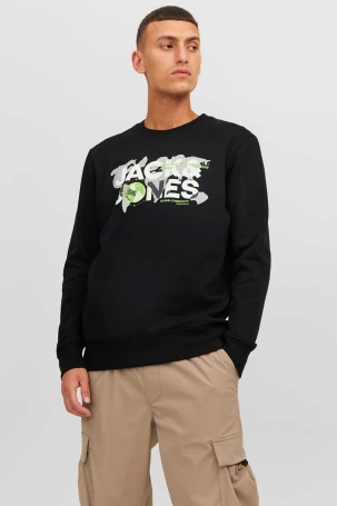 Jack & Jones Erkek Printed Bisiklet Yaka Sweatshirt 12240211 Siyah Siyah