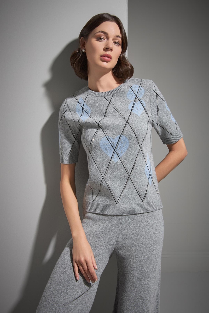 Join Us Kadın Baklava Desenli Taş Baskılı Triko Kazak W115 Gri Gri