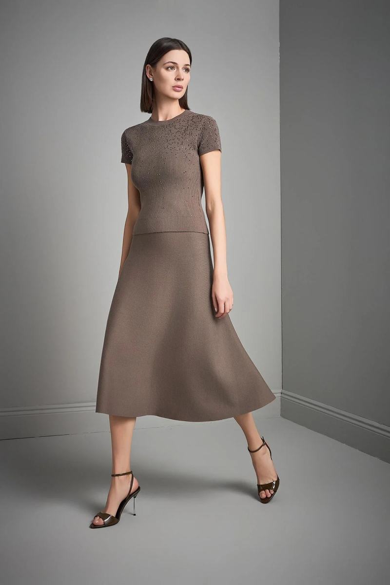 Join Us Kadın Beli Lastikli Kloş Midi Triko Etek W050 Kahverengi Kahverengi