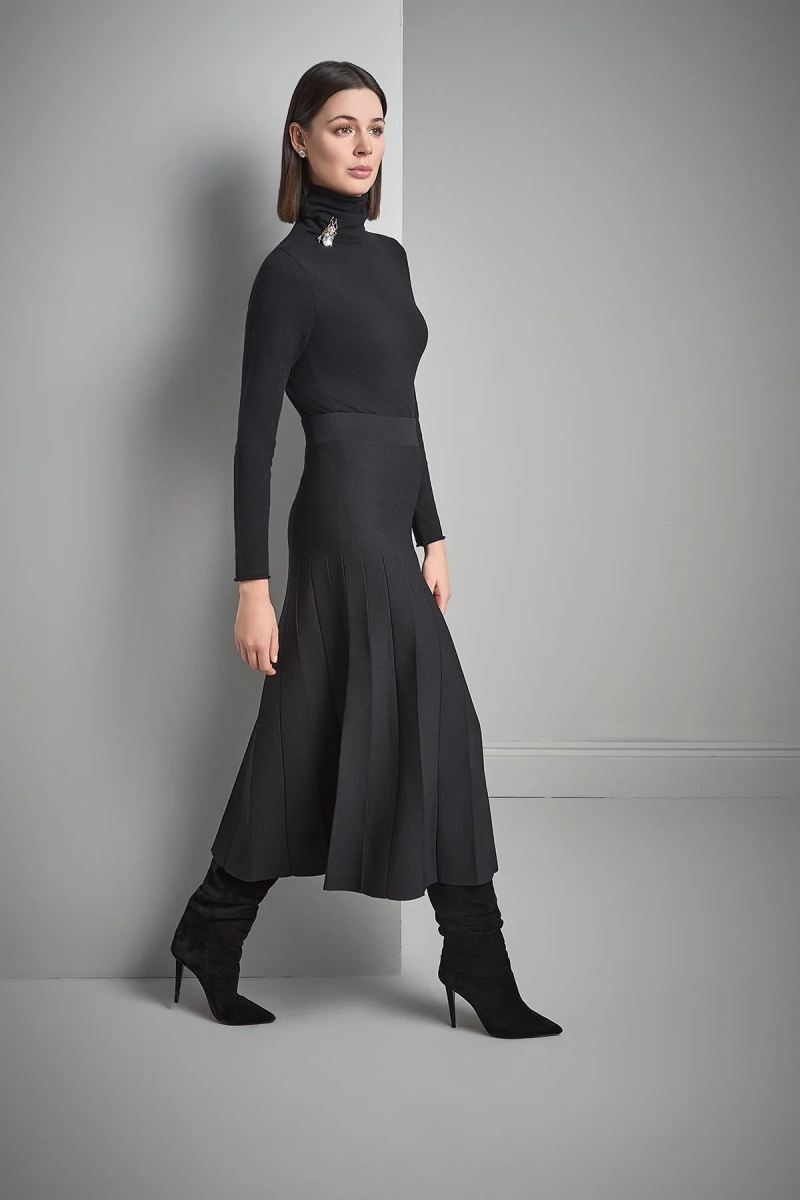 Join Us Kadın Beli Lastikli Pileli Triko Etek W092 Siyah Siyah