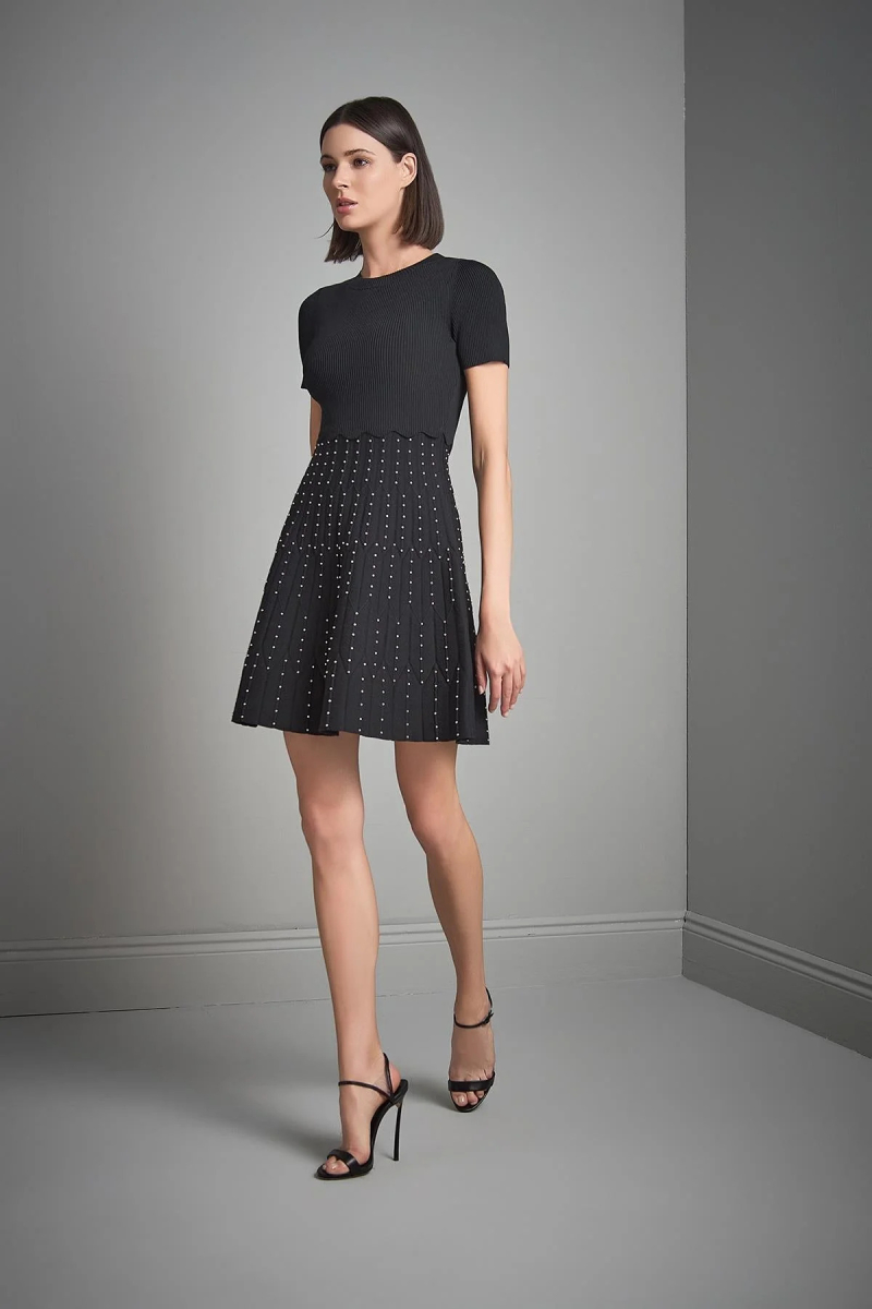 Join Us Kadın Bisiklet Yaka Trok Baskılı Triko Elbise W047 Siyah Siyah