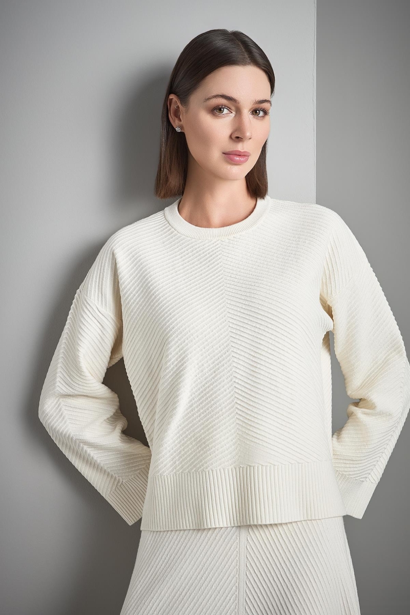 Join Us Kadın Bisiklet Yaka Verev Desenli Triko Kazak W132 Ekru Ekru