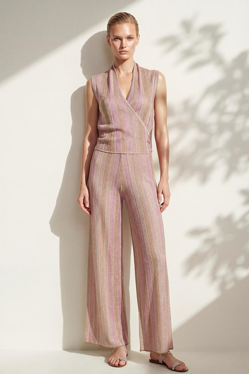Join Us Kadın Bol Paça Desenli Simli Pantolon S062 Pembe Pembe