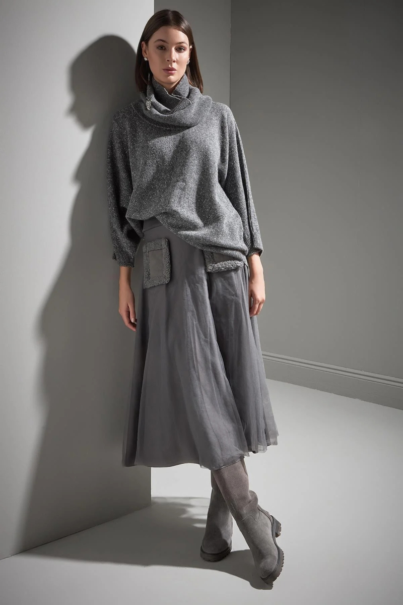 Join Us Kadın Broş Detaylı Fonksiyonel Yaka Triko Kazak W195 Gri Gri