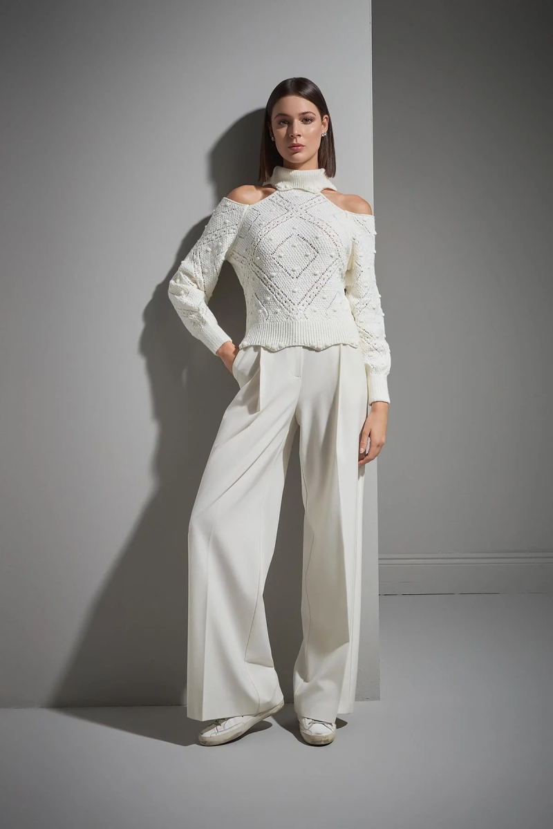 Join Us Kadın Cut Out Detaylı Triko Kazak W036 Ekru Ekru