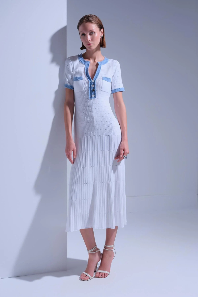 Join Us Kadın Denim Detaylı Kısa Kollu Midi Elbise S136 Ekru Ekru
