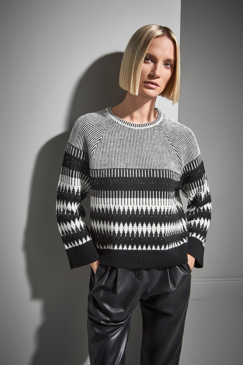 Join Us Kadın Desenli Bisiklet Yaka Triko Kazak W012 Siyah Siyah