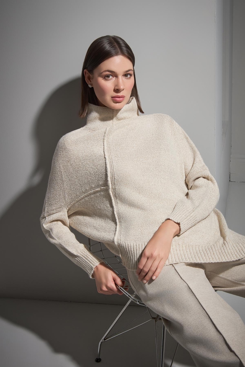 Join Us Kadın Dik Yaka Asimetrik Triko Kazak W069 Bej Bej