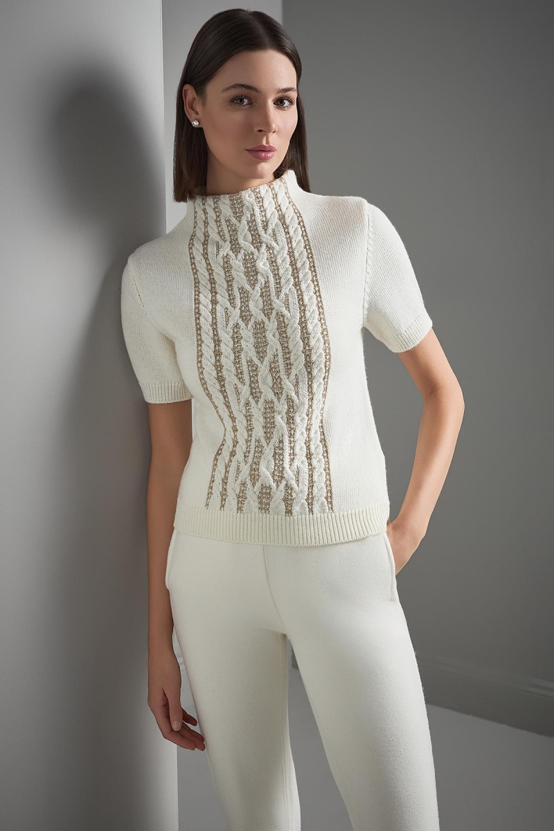 Join Us Kadın Dik Yaka Simli Triko Kazak W032 Ekru Ekru