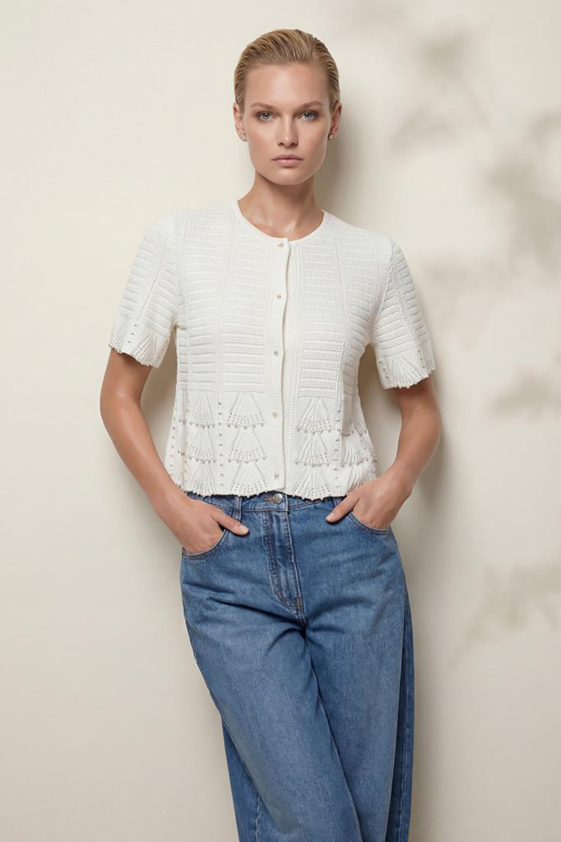 Join Us Kadın El İşi İnci Baskılı Ajurlu Ceket S140 Beyaz Beyaz