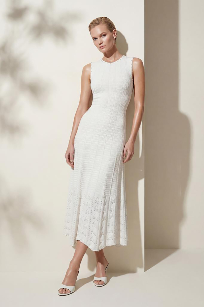 Join Us Kadın El İşi İnci Baskılı Ajurlu Midi Elbise S141 Beyaz Beyaz