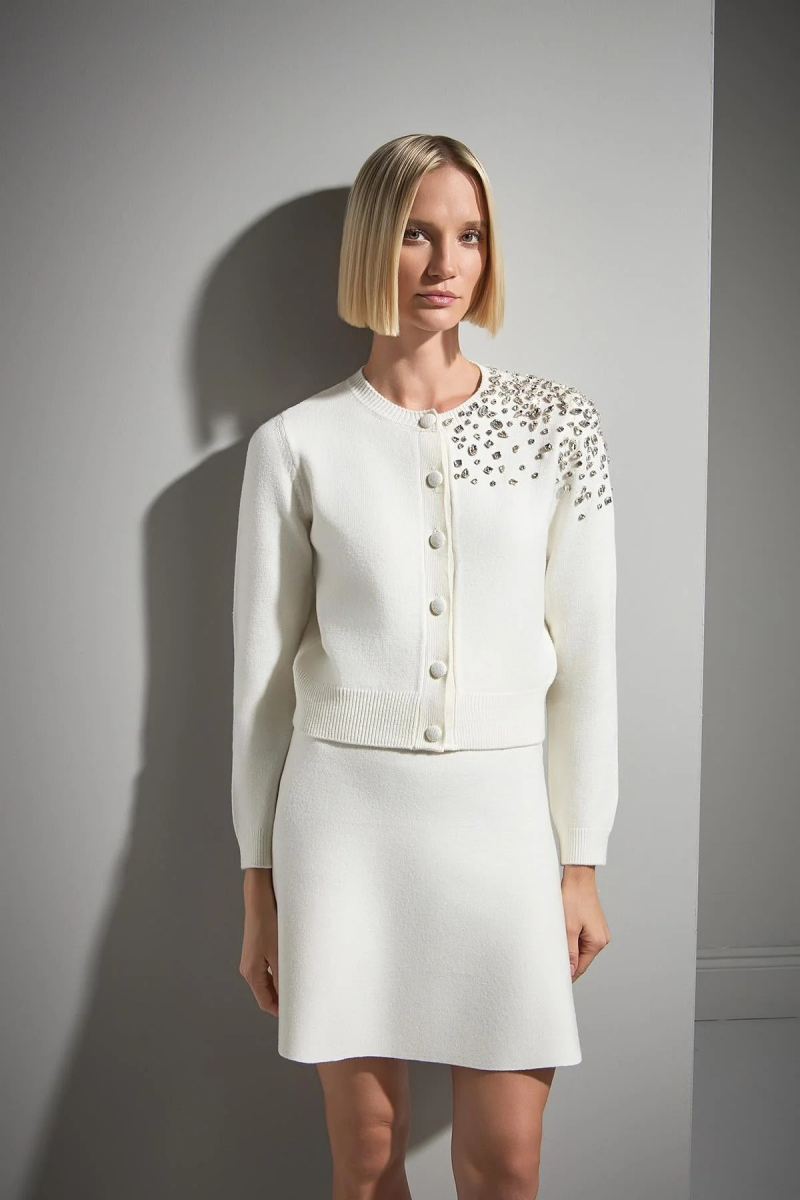 Join Us Kadın El İşi Taş İşlemeli Triko Hırka W068 Ekru Ekru